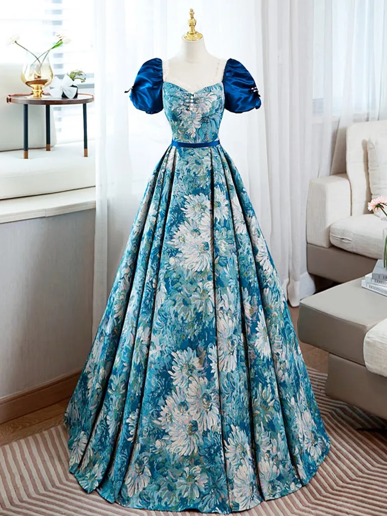 A-Line Puff Sleeves Satin Blue Long Prom Dress, Blue Long Formal Dress