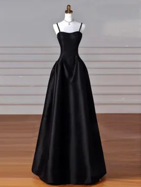 A-Line Satin Black Long Prom Dress, Black Long Evening Dress