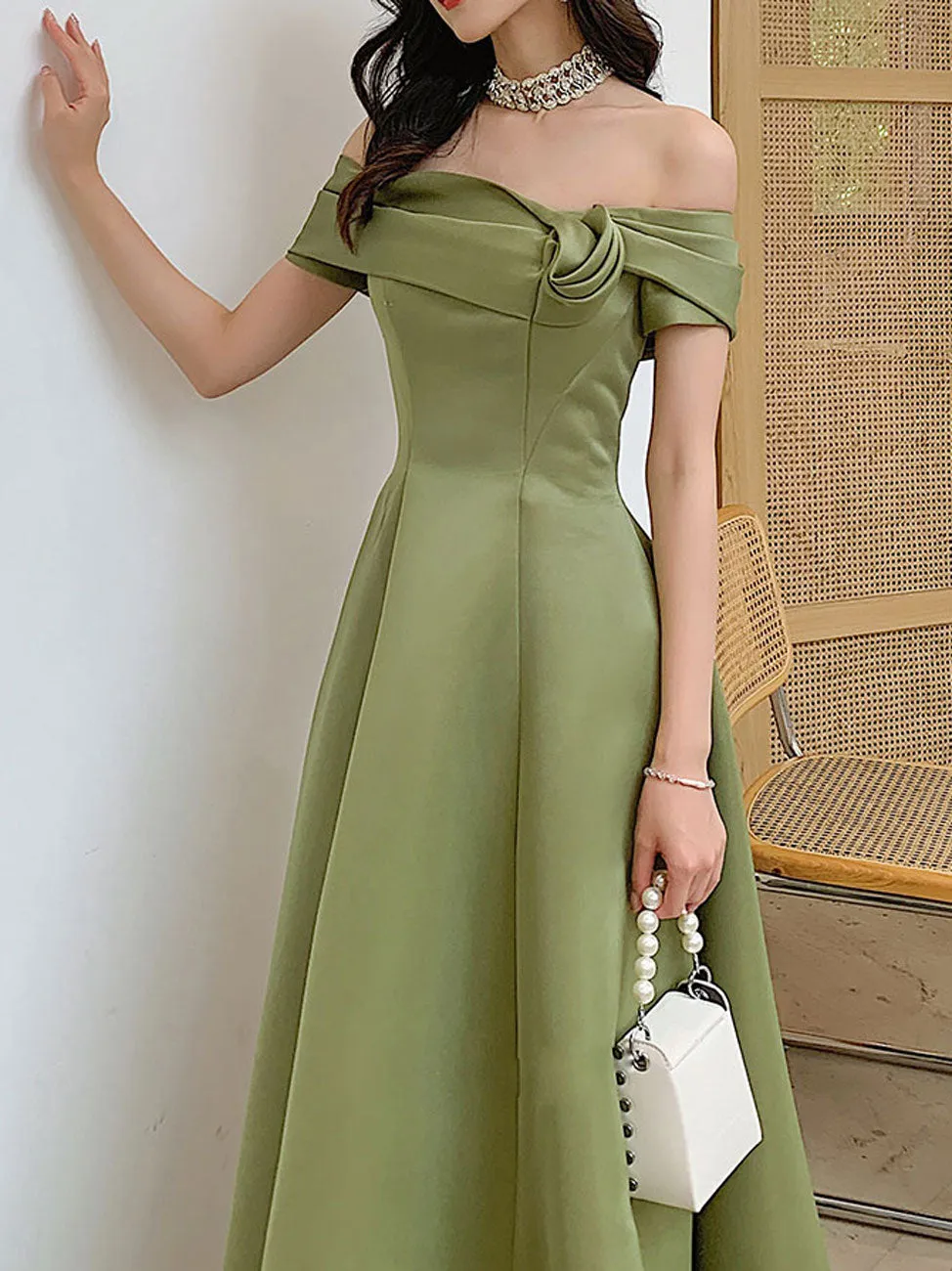 A Line Satin Green Long Prom Dresses, Off Shoulder Green Long Formal Dresses