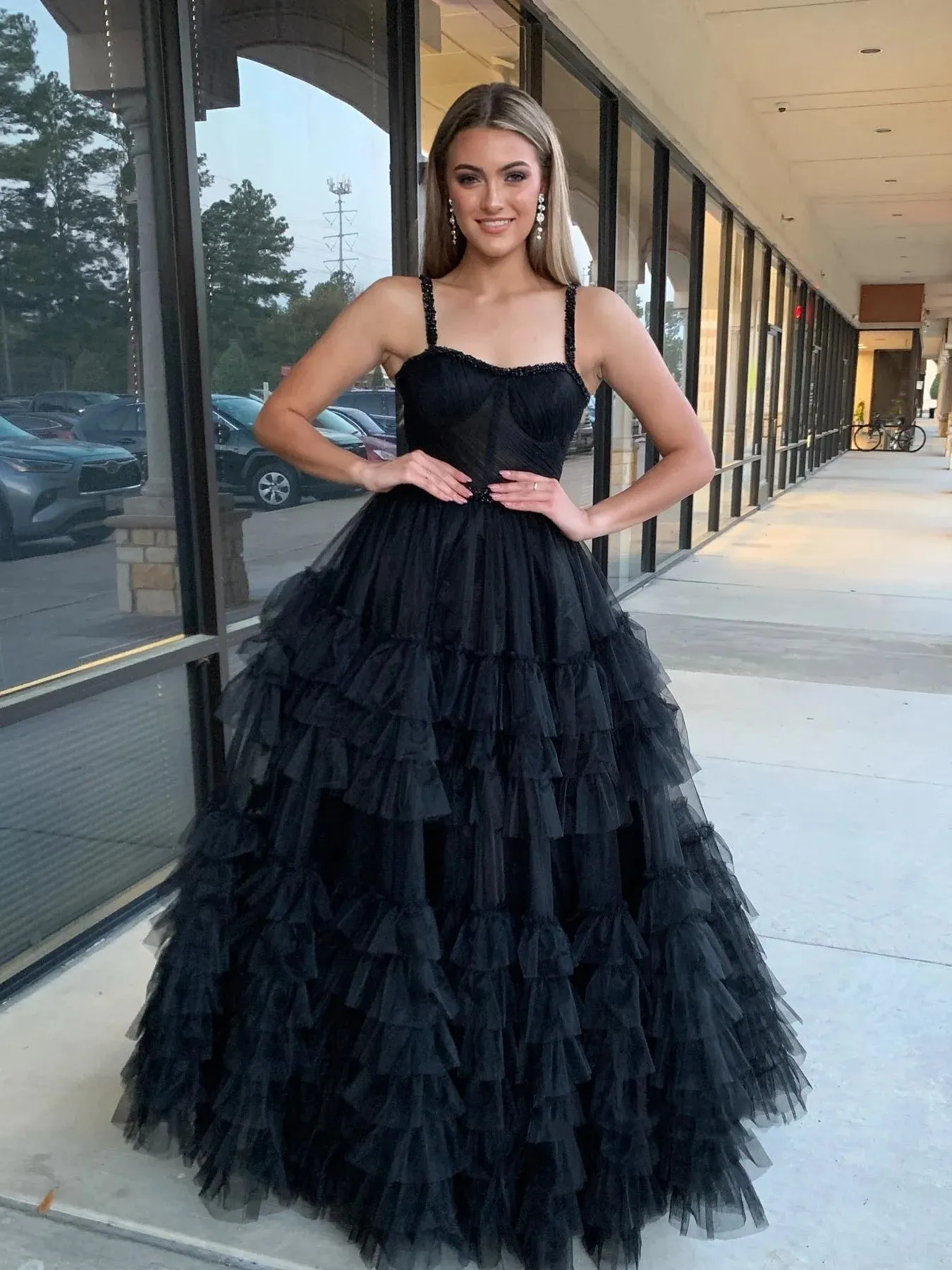 A Line Sweetheart Neck Beaded Straps Lilac/Black Long Prom Dresses, Lilac/Black Layered Tulle Formal Evening Dresses SP2979