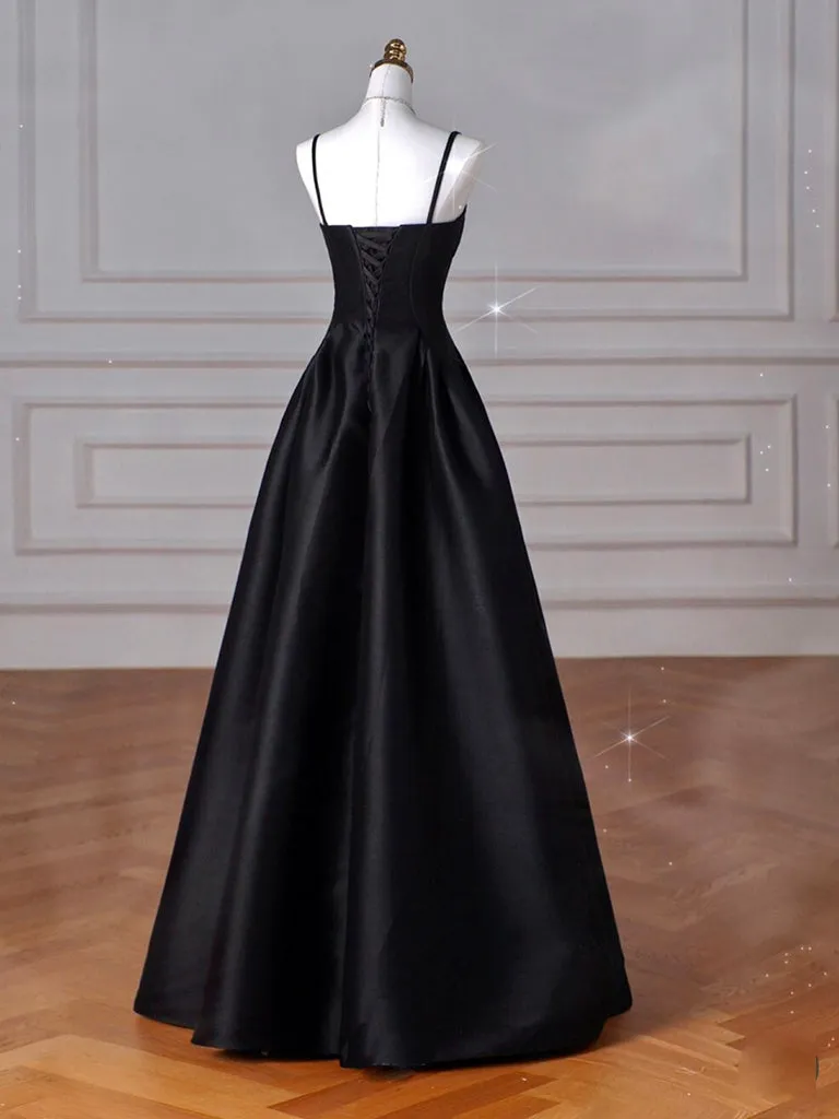 A-Line Sweetheart Neck Satin Black Long Prom Dress, Black Long Formal Dress