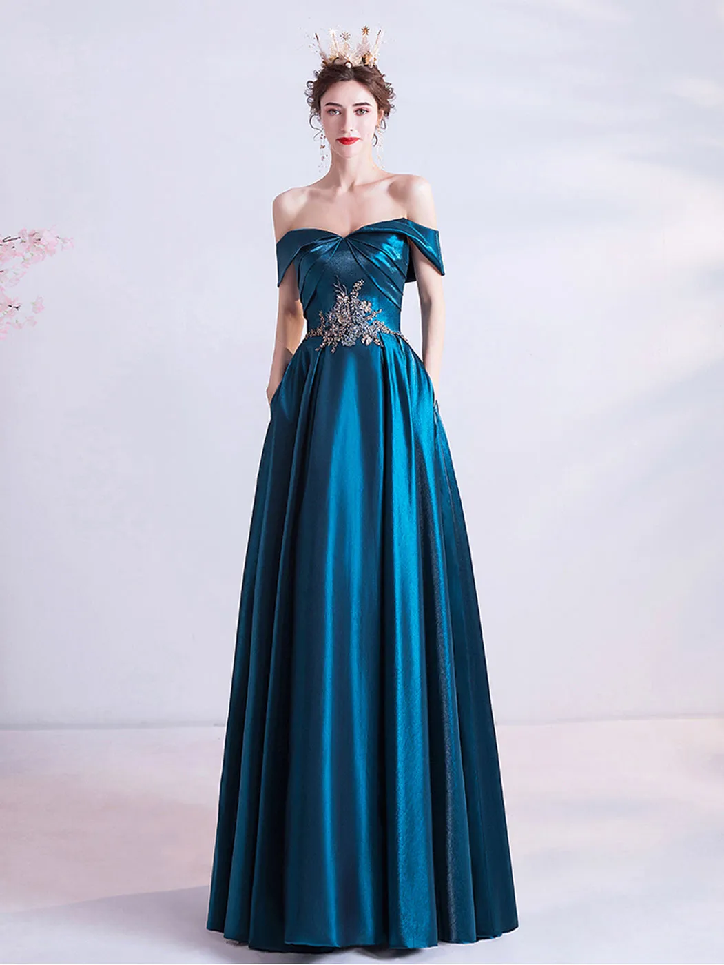 A-Line Sweetheart Neck Satin Blue Long Prom Dress, Blue Evening Dresses