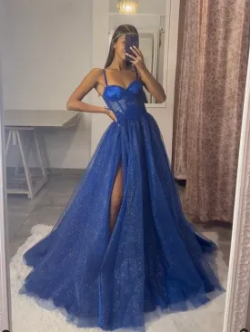 A-Line Sweetheart Neck Tulle Lace Blue Long Prom Dress, Blue Long Formal Dress