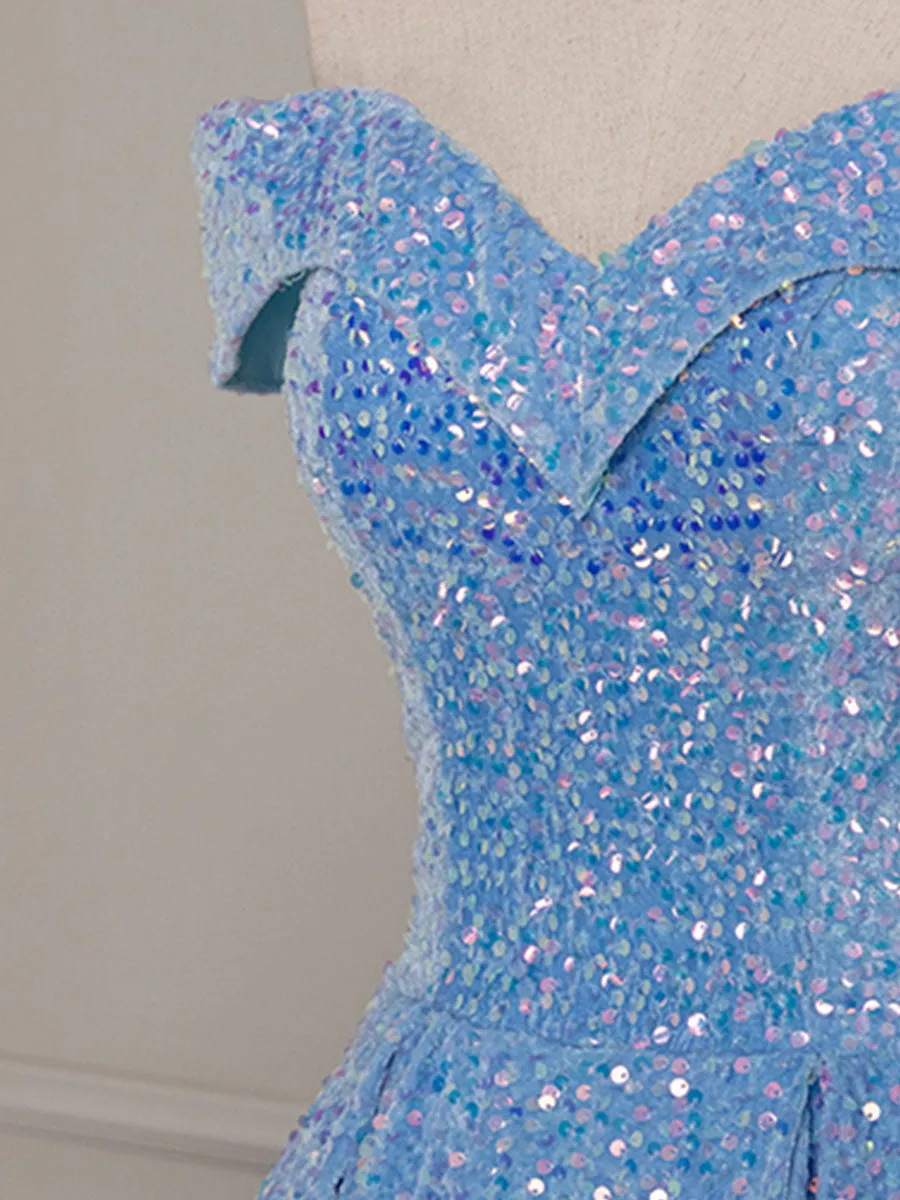 A-Line Sweetheart Neck Velvet Sequin Blue Long Prom Dress, Blue Formal Dress