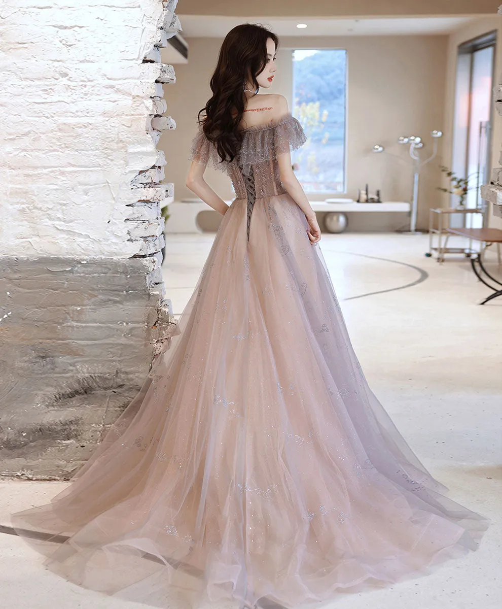 A-line Tulle Lace Off Shoulder Long Prom Dress Tulle Formal Dress