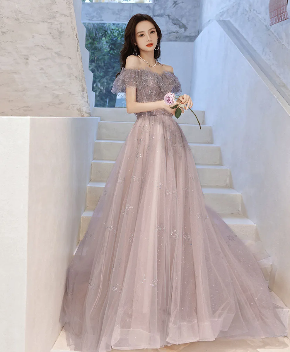 A-line Tulle Lace Off Shoulder Long Prom Dress Tulle Formal Dress