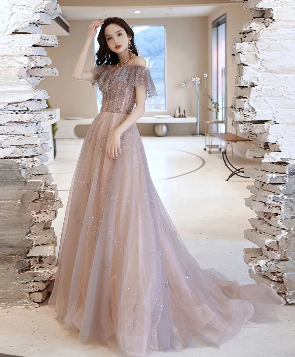 A-line Tulle Lace Off Shoulder Long Prom Dress Tulle Formal Dress