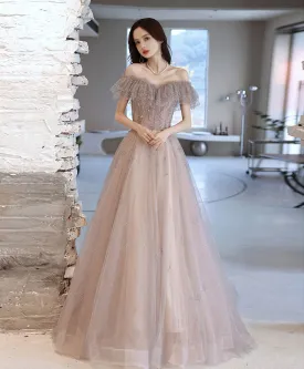 A-line Tulle Lace Off Shoulder Long Prom Dress Tulle Formal Dress