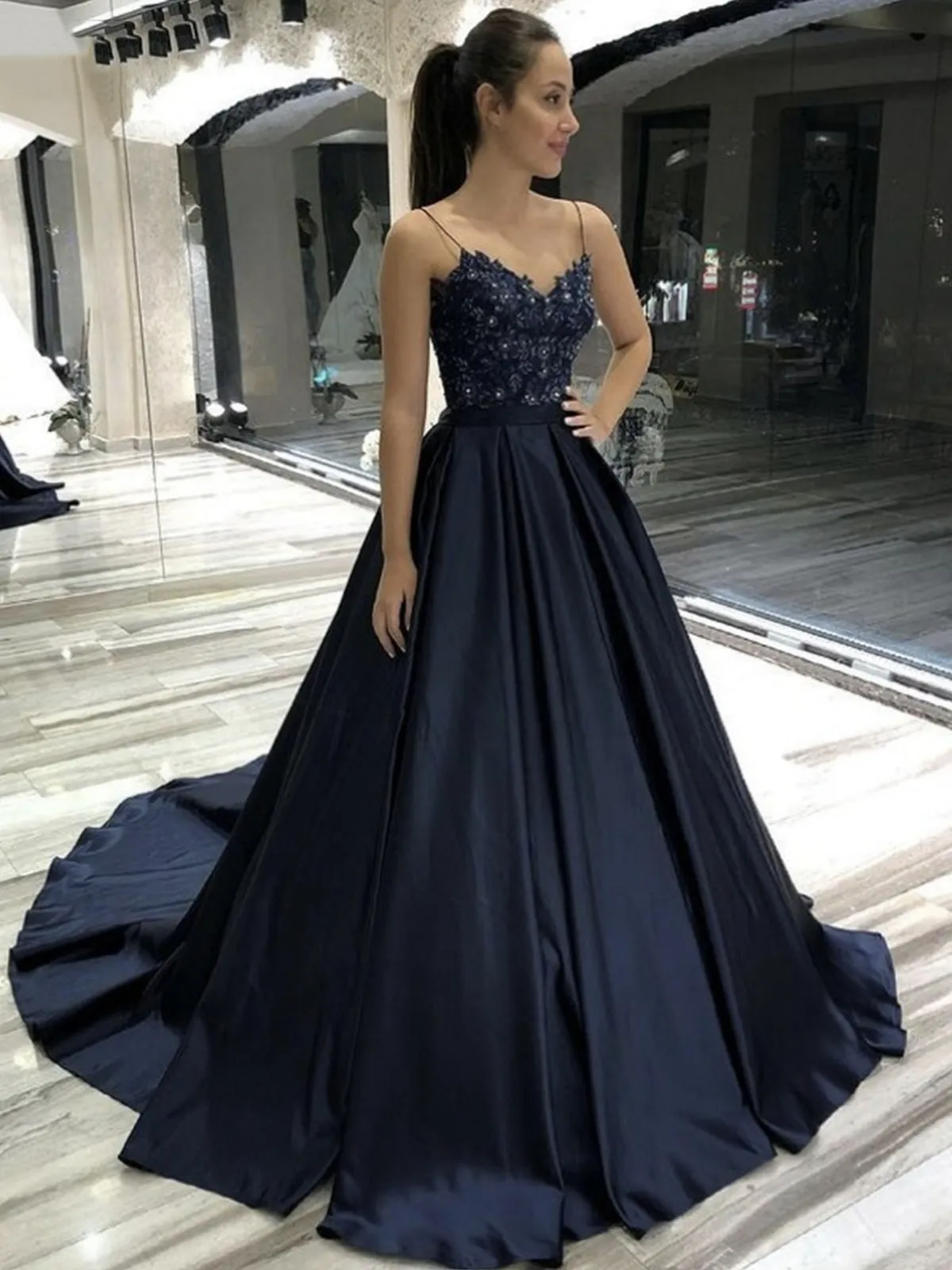 A Line V Neck Beaded Black Lace Long Prom Dresses, Black Formal Graduation Evening Dresses SP2525