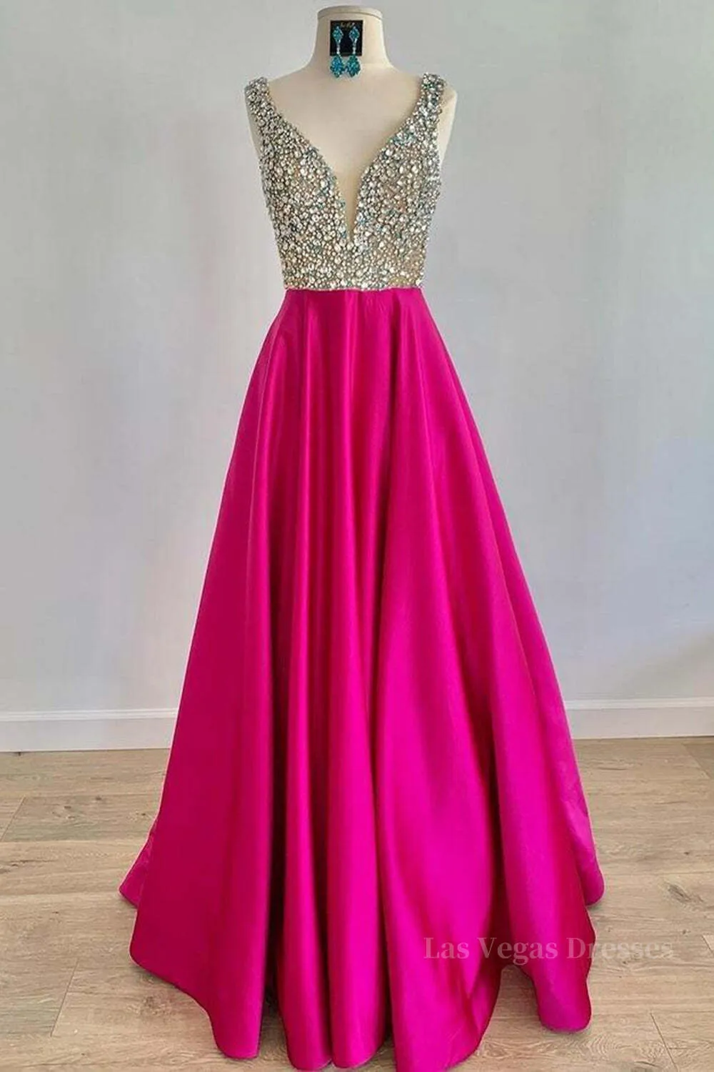 A Line V Neck Beaded Fuchsia Long Prom Dress, V Neck Fuchsia Formal Dress, Beaded Fuchsia Evening Dress