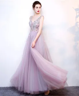 A Line V Neck Lace Tulle Long Prom Dress, Lace Evening Dress