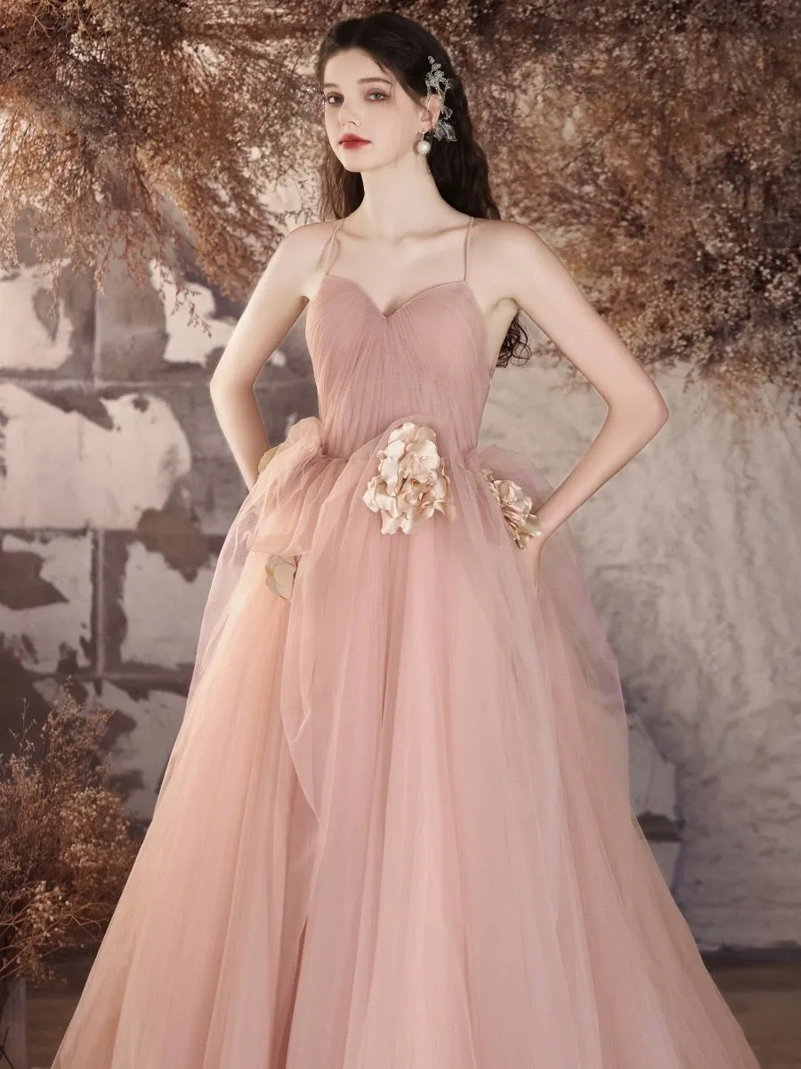 A-Line V Neck Tulle Flower Pink Long Prom Dress, Pink Long Evening Dress