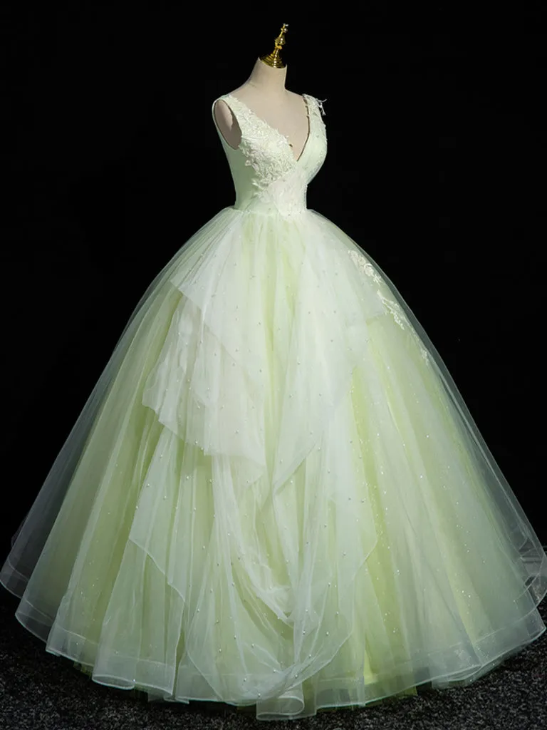 A-Line V Neck Tulle Lace Long Prom Dress, Green Long Formal Dress