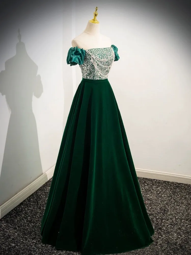 A-Line Velvet Sequin Beads Green Long Prom Dress, Velvet Green Long Formal Dress