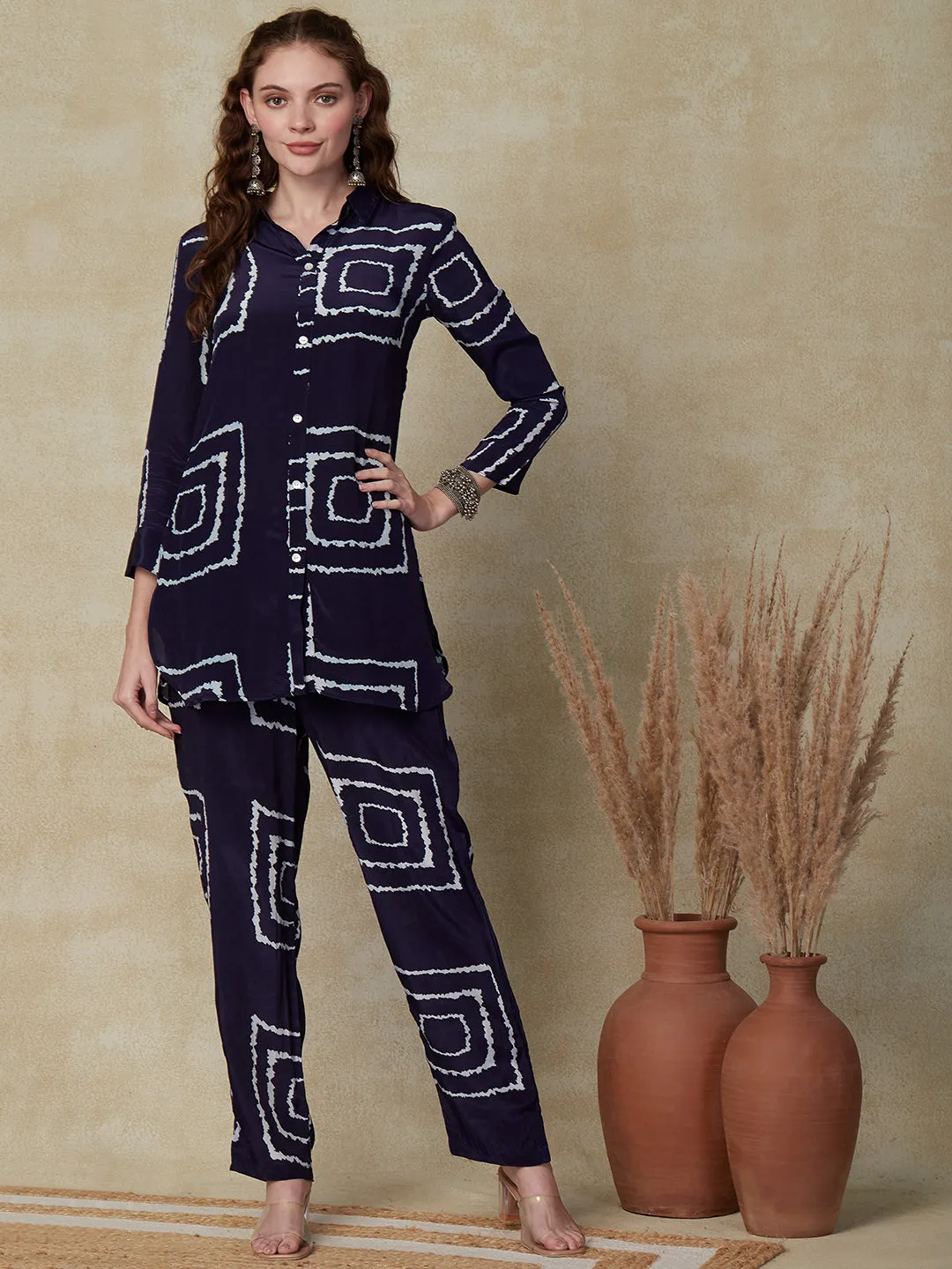 Abstract Printed Mother-of-Pearl Buttoned Shirt With Pants Indo-Western Co-ord Set - Blue