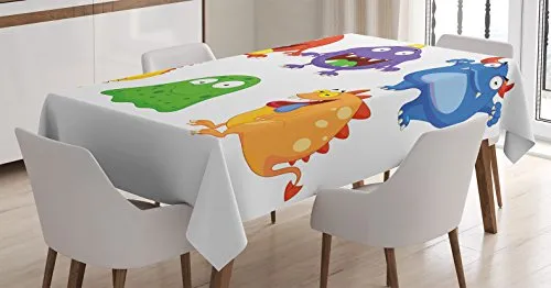 Ambesonne Funny Decor Tablecloth, Comic Cartoon Monsters with Smiley Faces Little Freaky Mascots Illustration Kids Humor Decor, Rectangular Table Cover for Dining Room Kitchen, 52x70 Inches, Multi