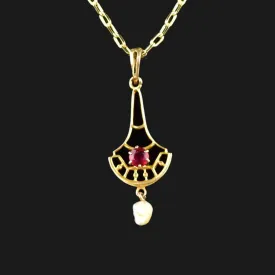 Antique 10K Gold Garnet Seed Pearl Lavalier Pendant Necklace