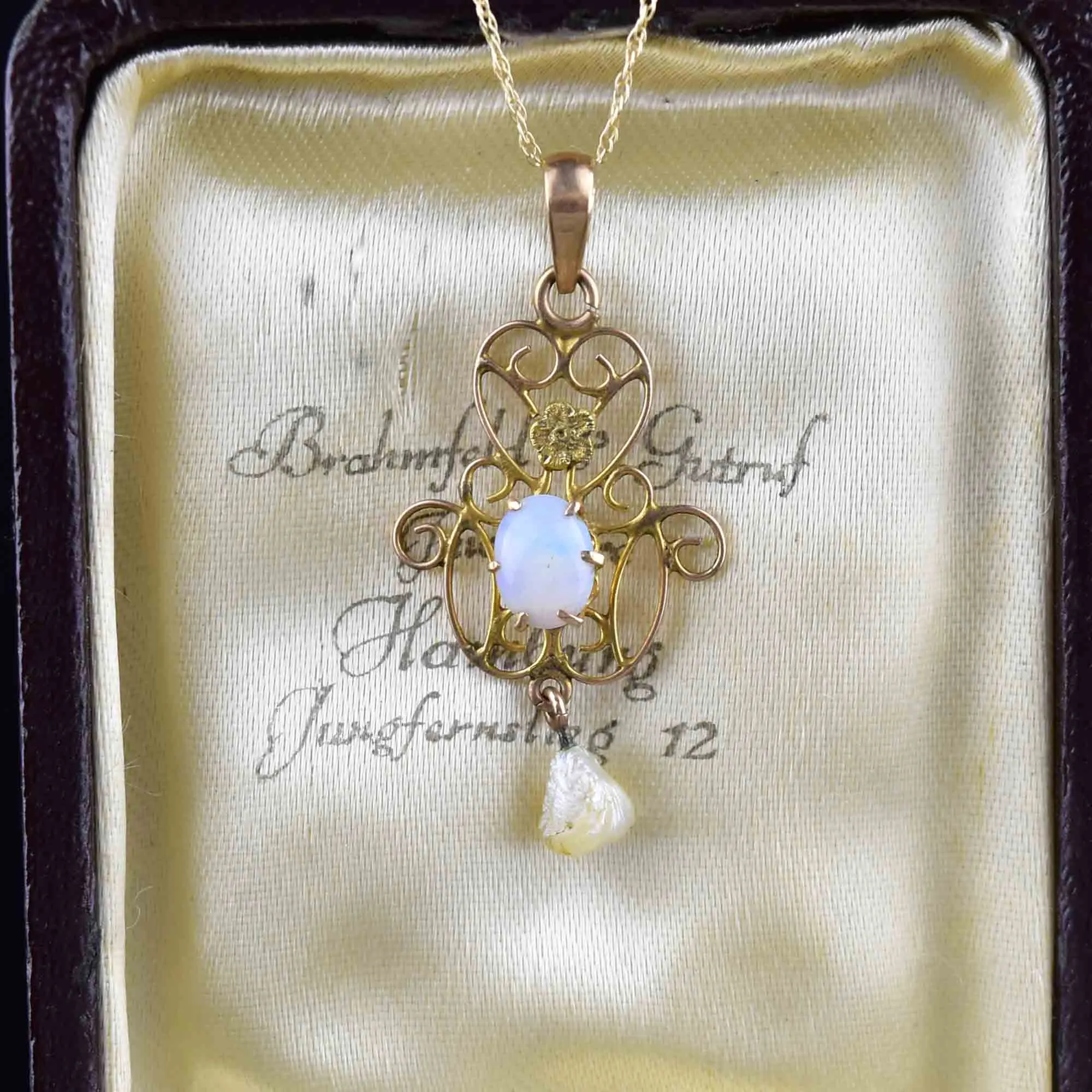 Antique 10K Gold Opal Seed Pearl Lavaliere Necklace