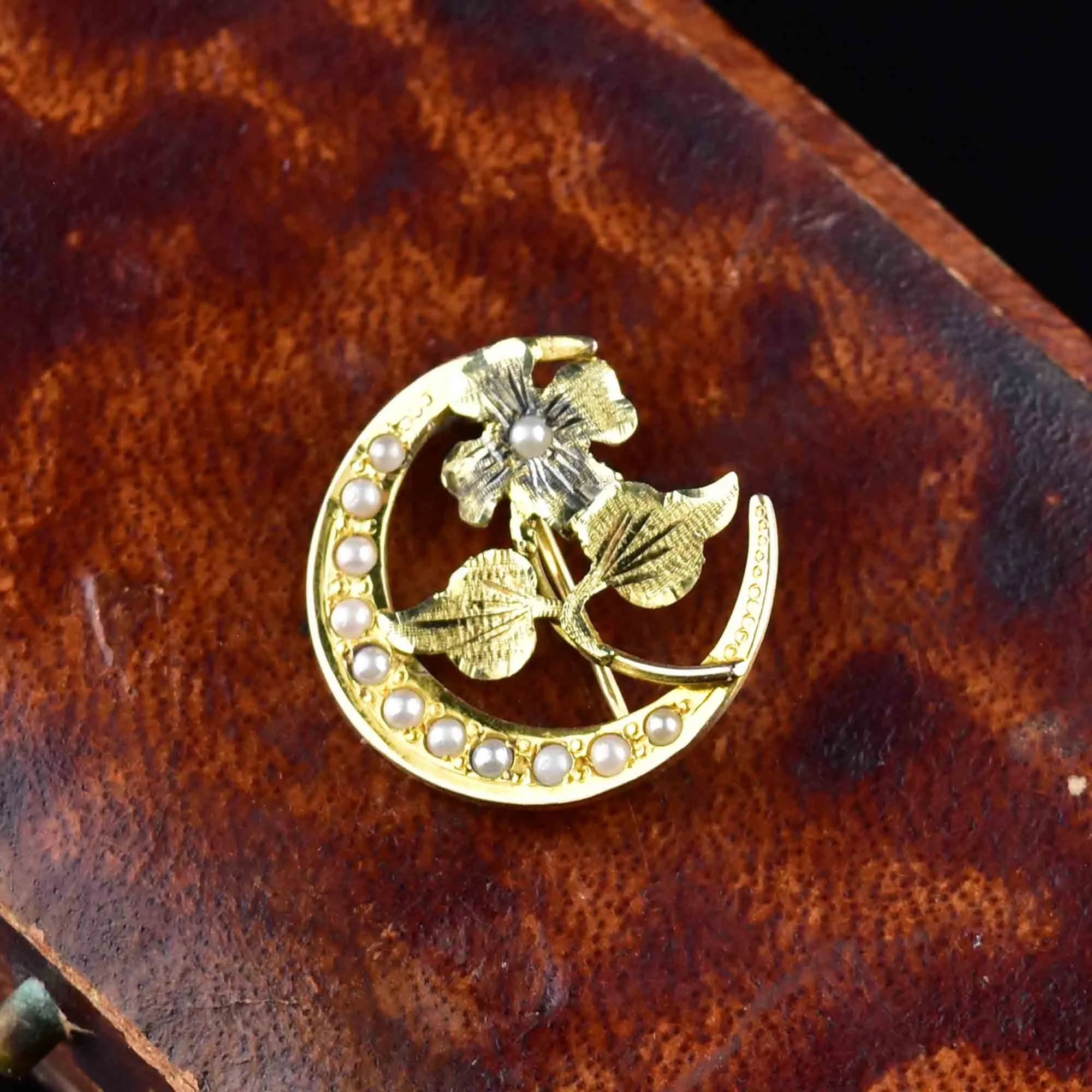 Antique 10K Gold Pearl Crescent Moon Flower Brooch