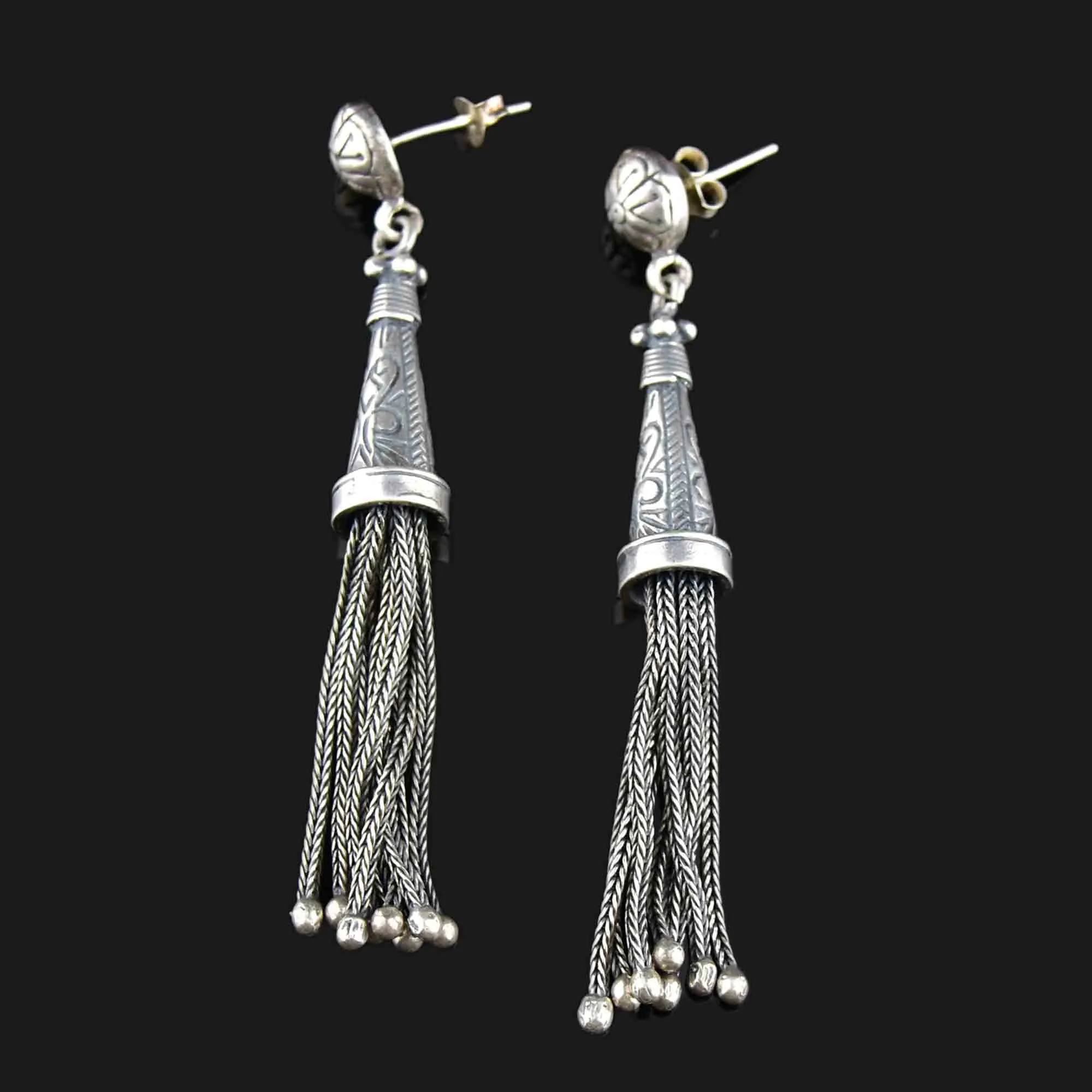 Antique Albertina Silver Tassel Fob Stud Drop Earrings