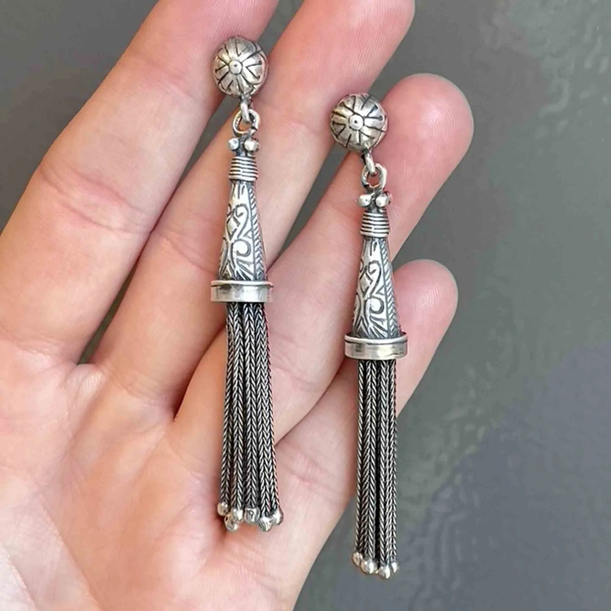 Antique Albertina Silver Tassel Fob Stud Drop Earrings