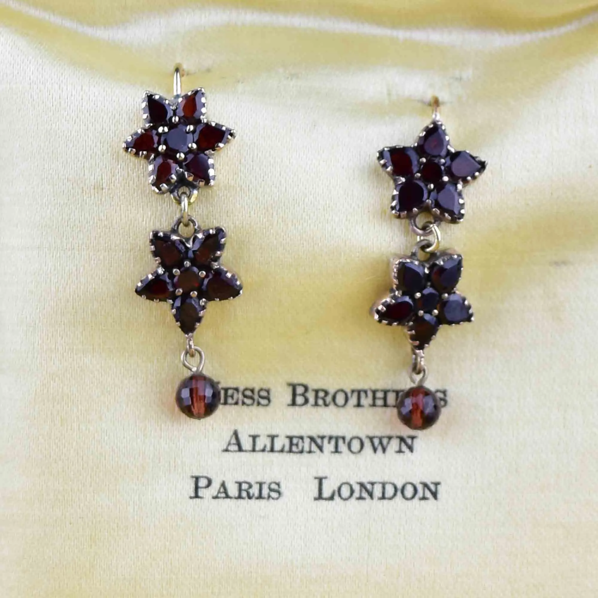 Antique Rolled Gold Garnet Star Flower Drop Earrings