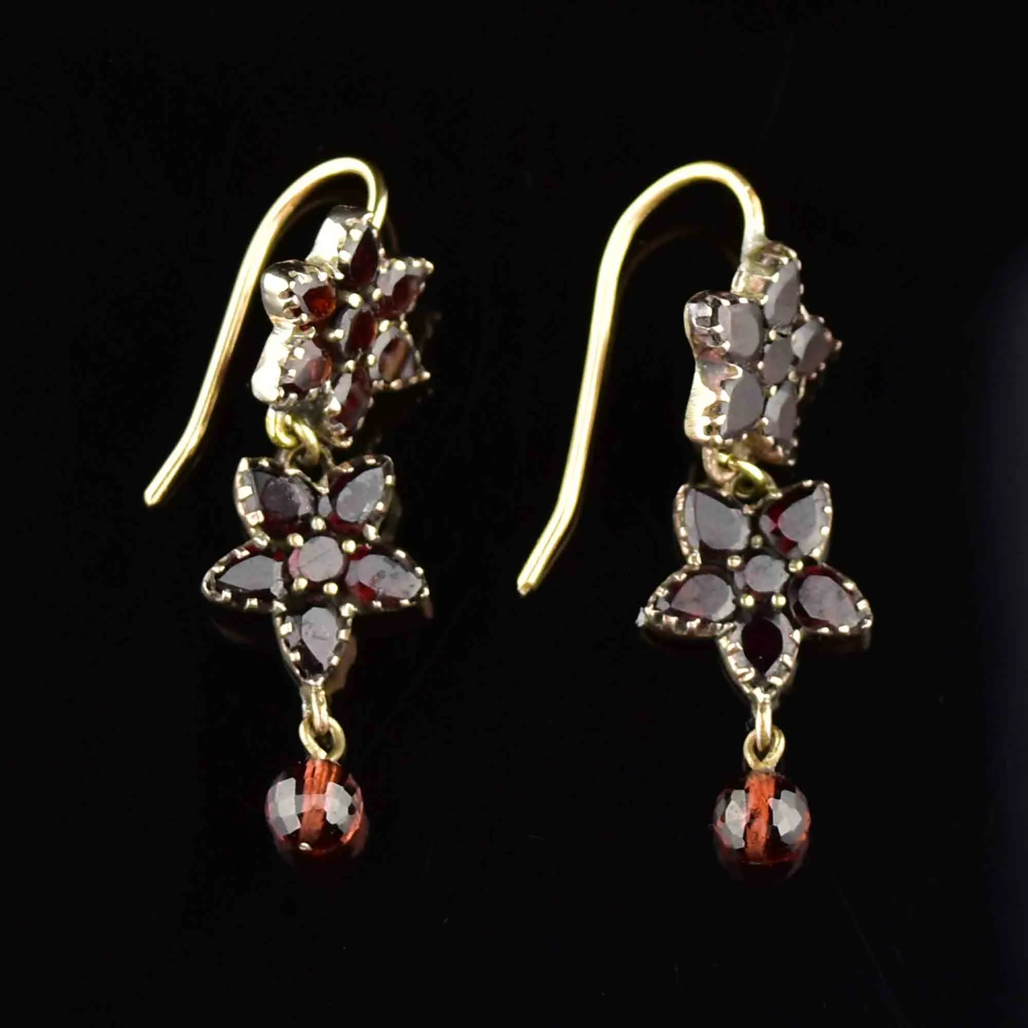 Antique Rolled Gold Garnet Star Flower Drop Earrings