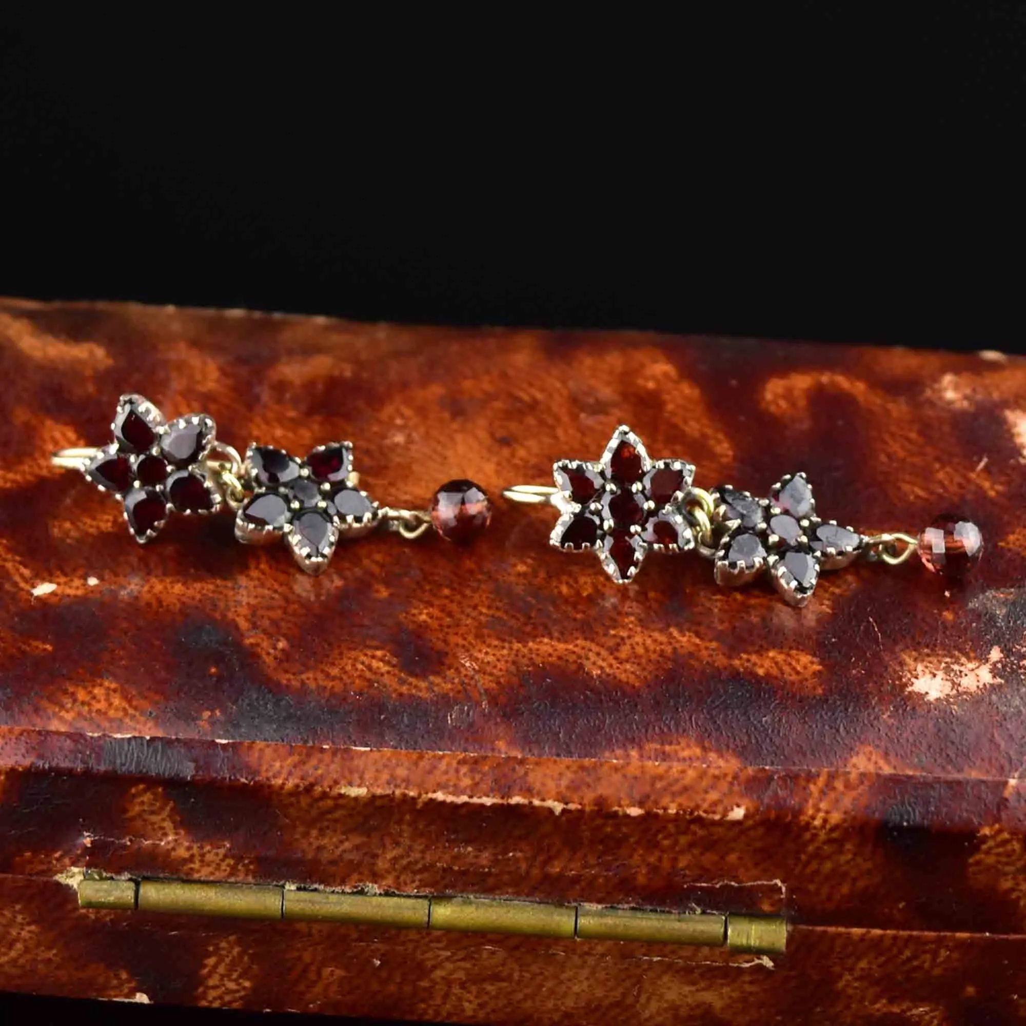 Antique Rolled Gold Garnet Star Flower Drop Earrings