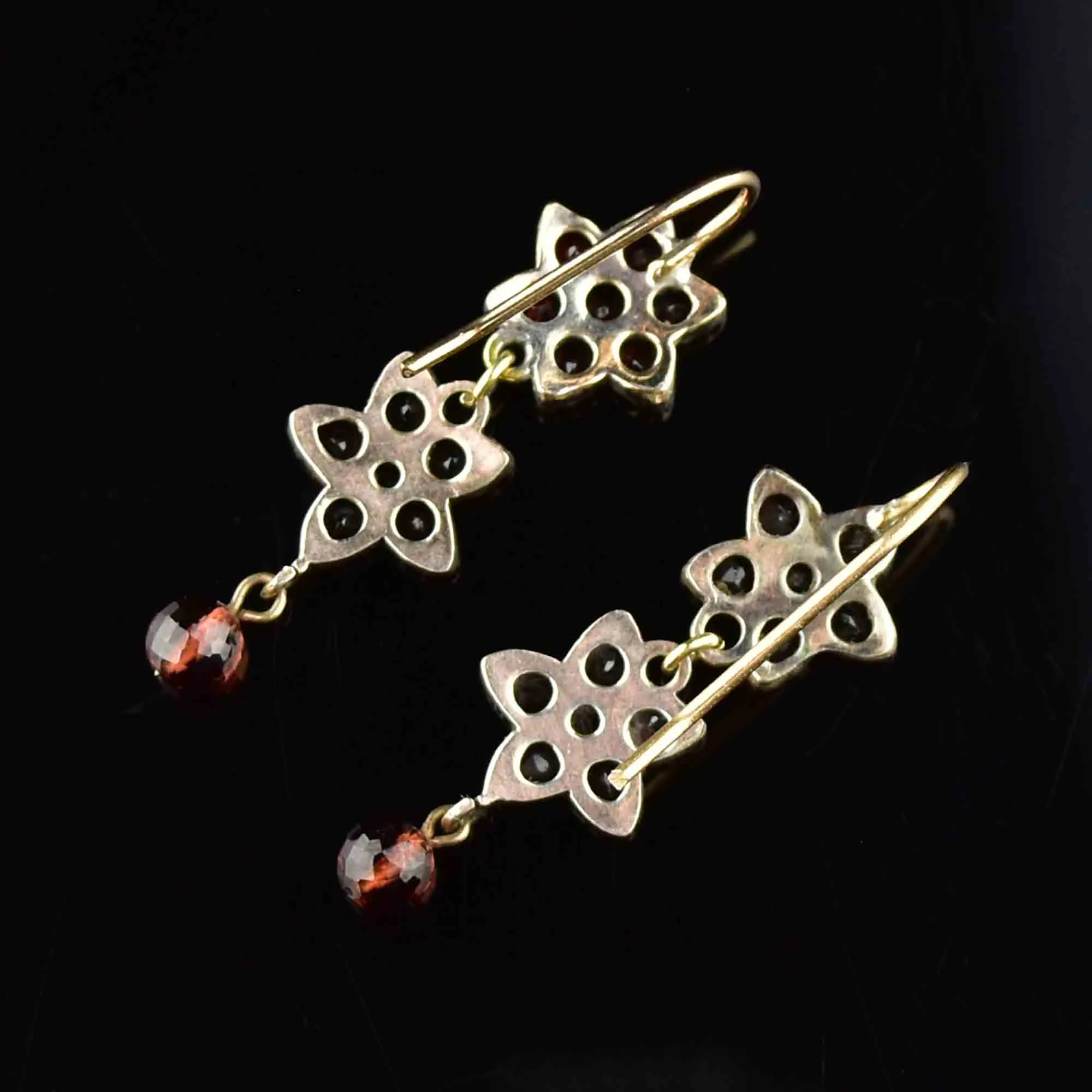 Antique Rolled Gold Garnet Star Flower Drop Earrings