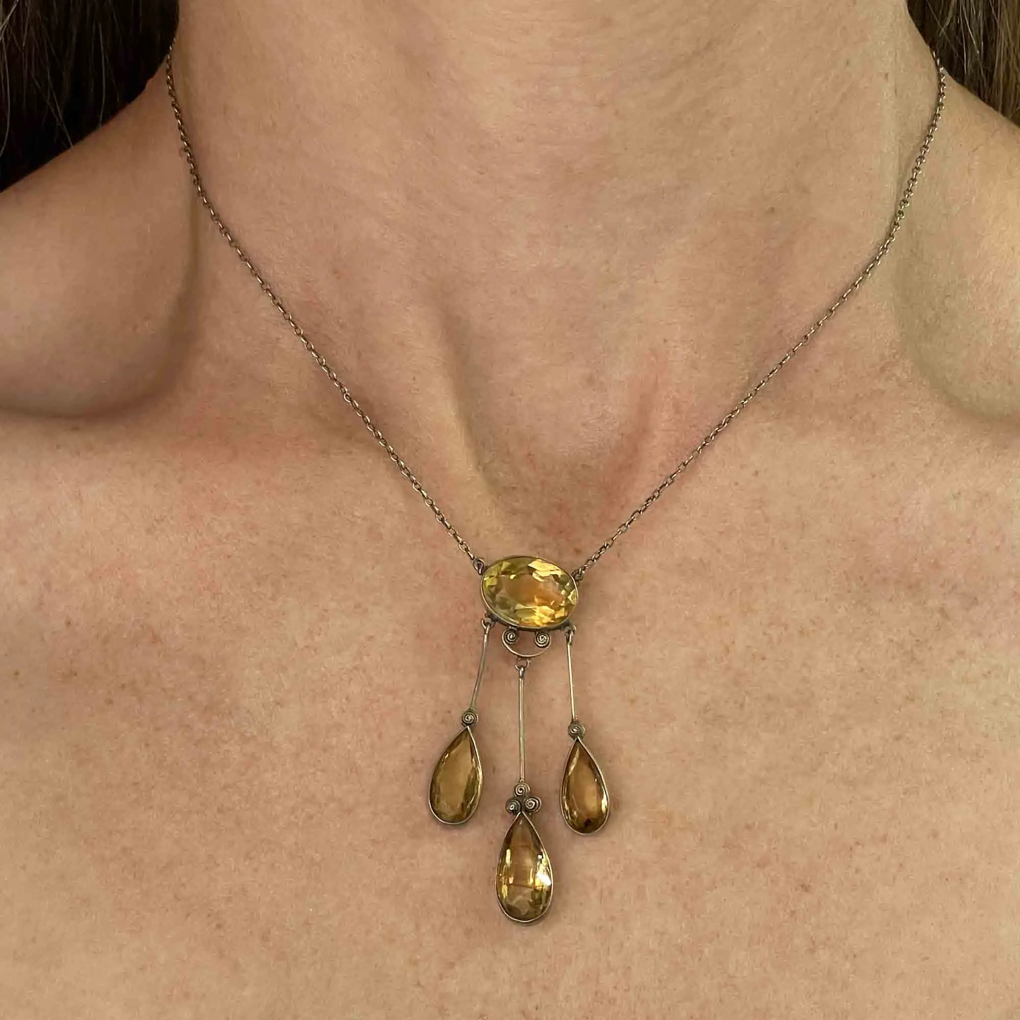 Antique Silver Citrine Art Deco Drop Pendant Necklace