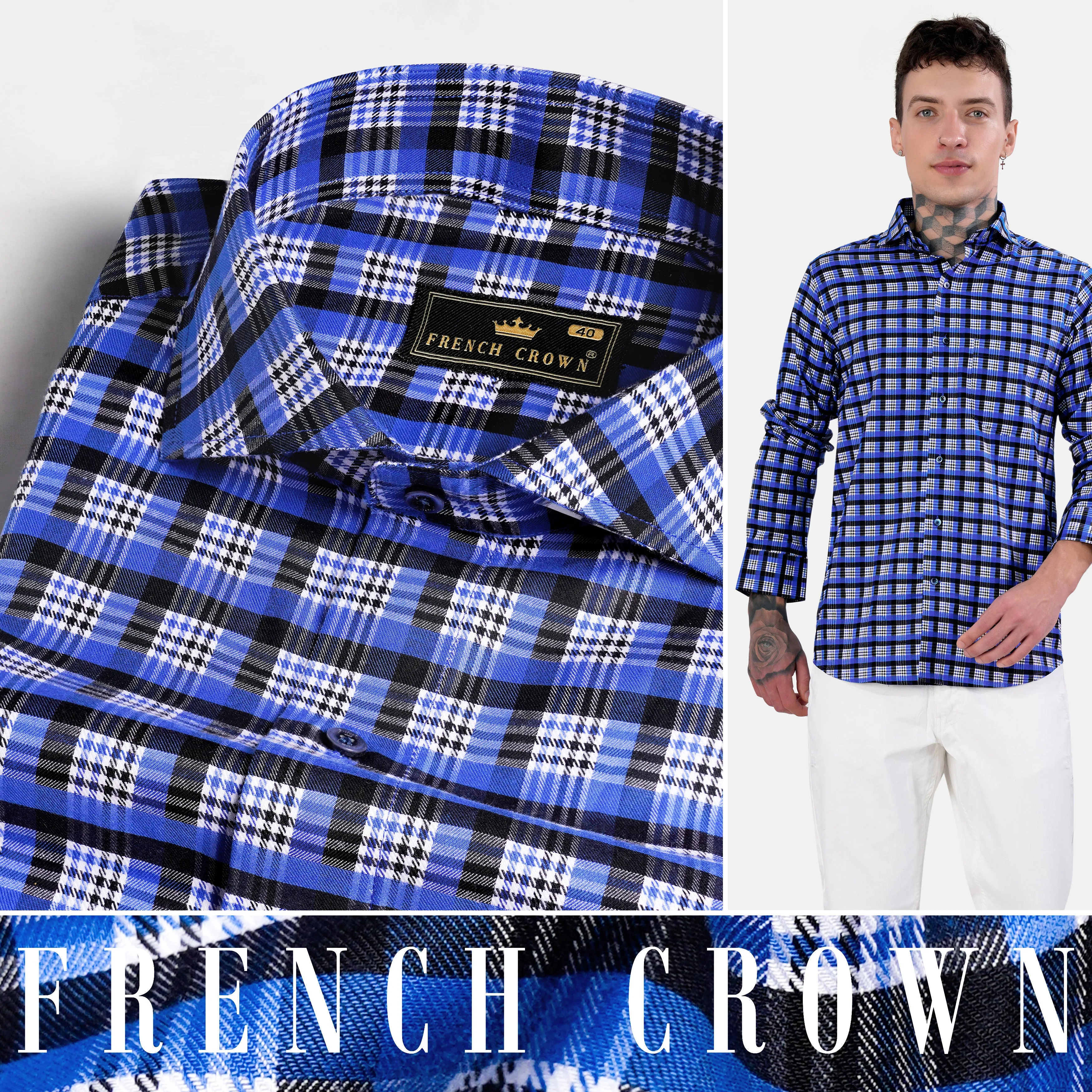 Azul Blue with White and Black Checkered Houndstooth Shirt