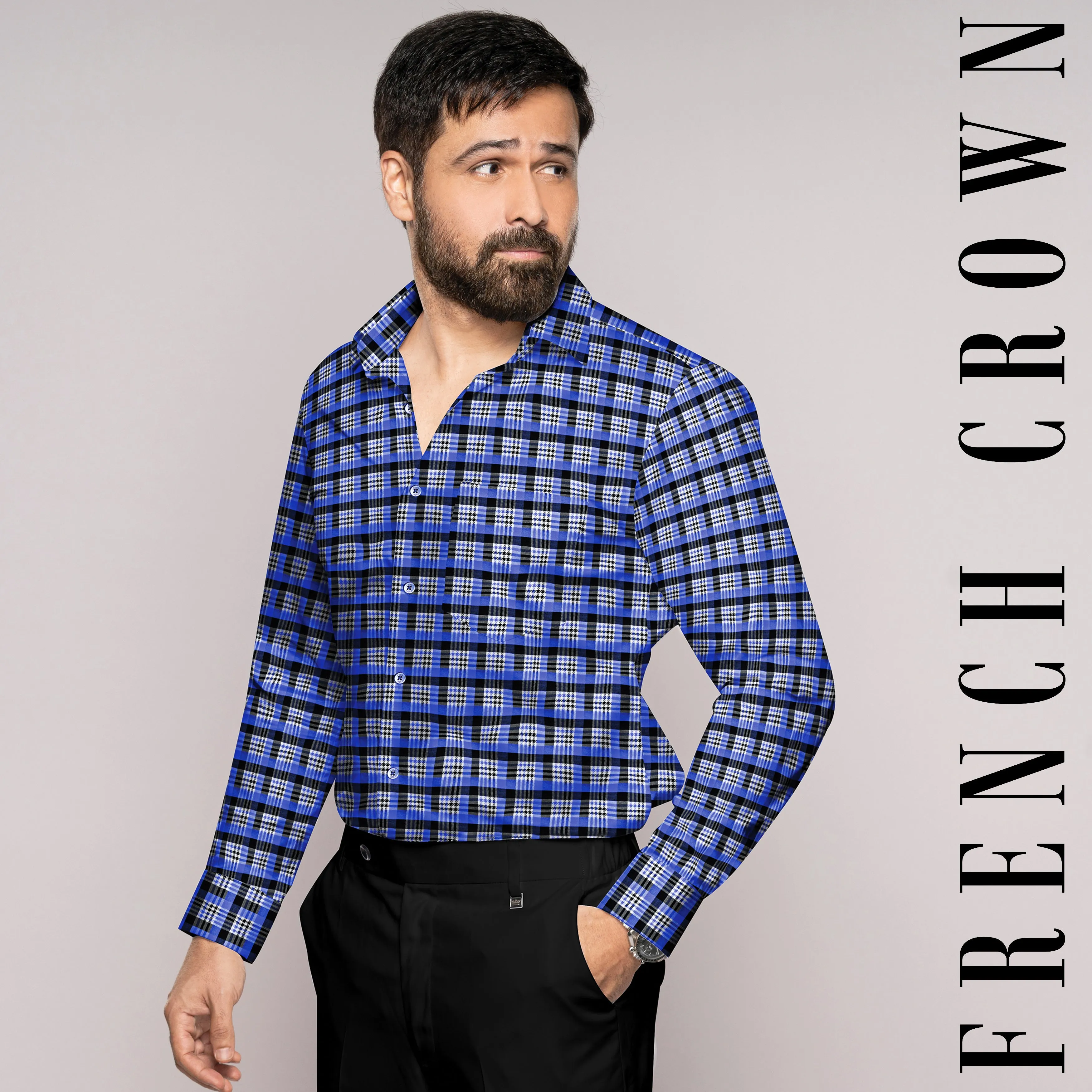 Azul Blue with White and Black Checkered Houndstooth Shirt