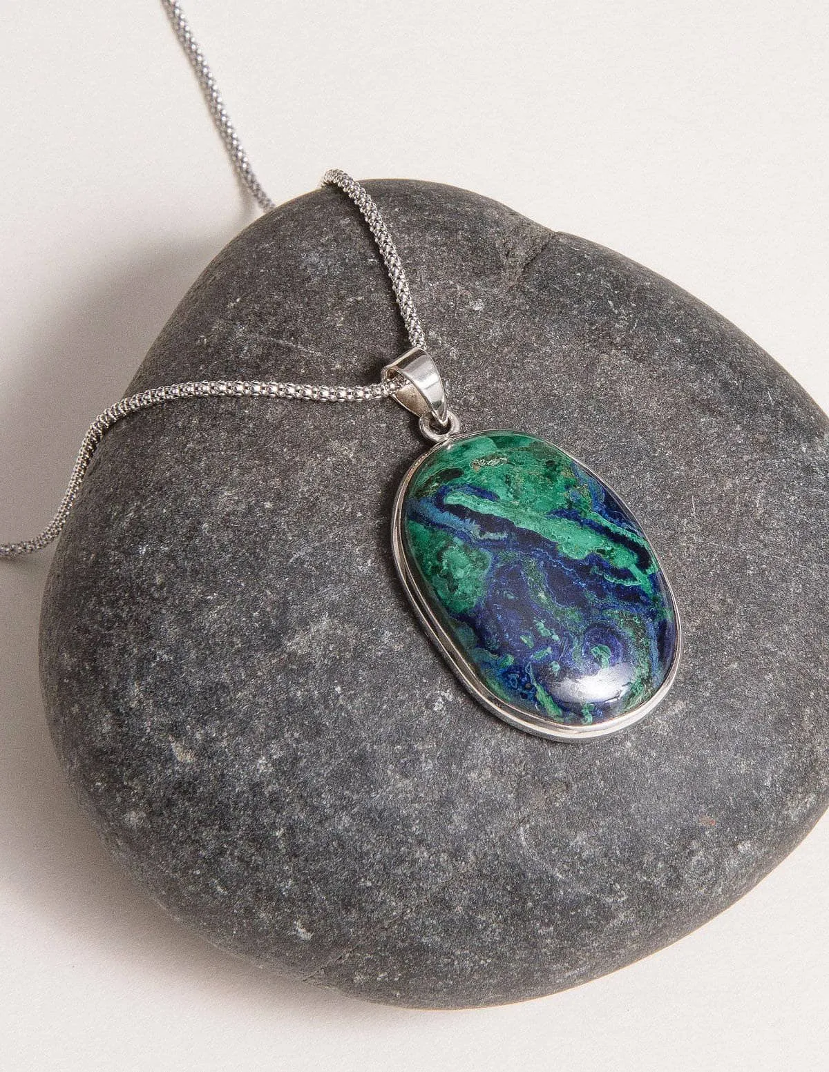 Azurite Malachite Pendant - 30 inch Silver Chain