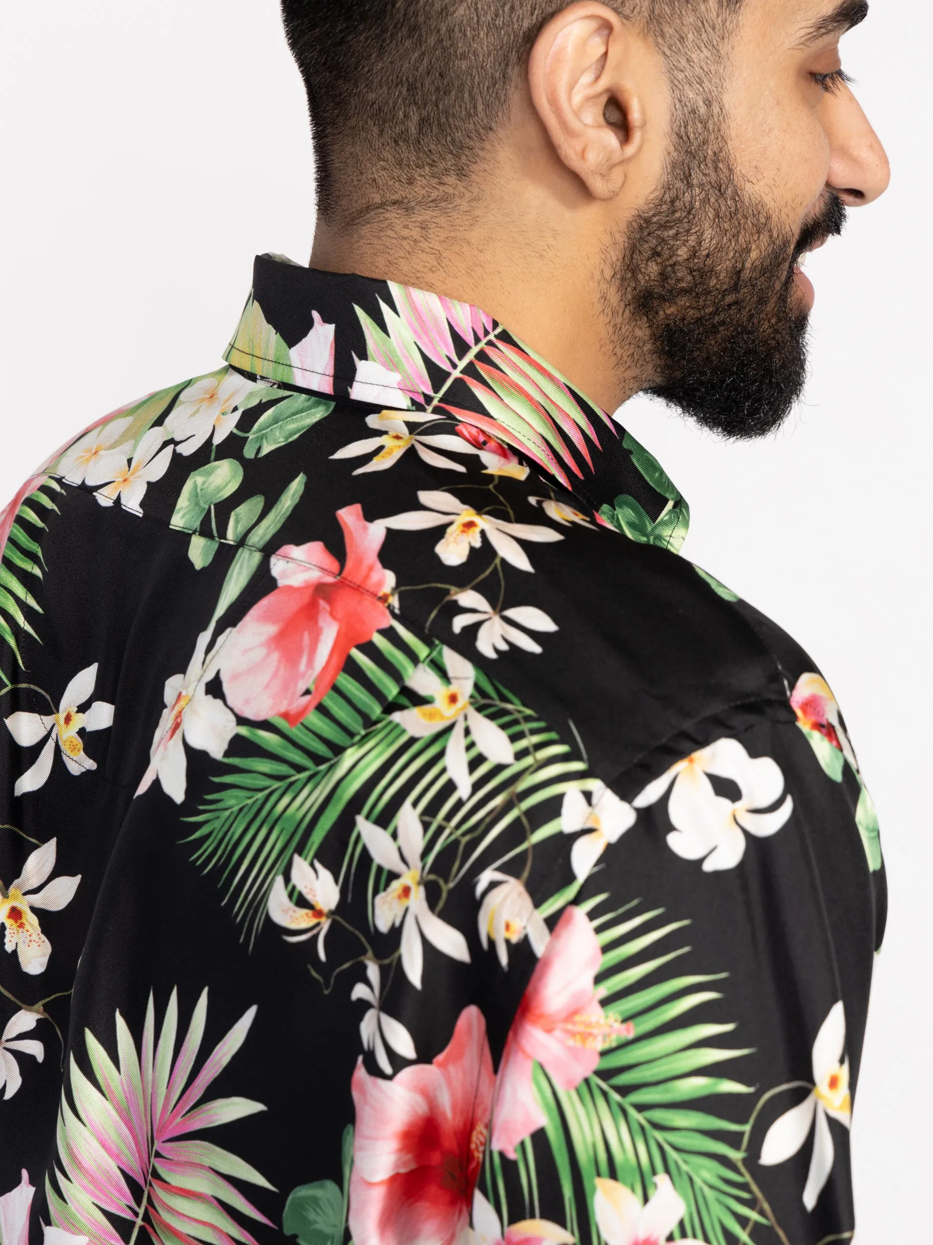 Black Botanical Print Silk Twill Shirt