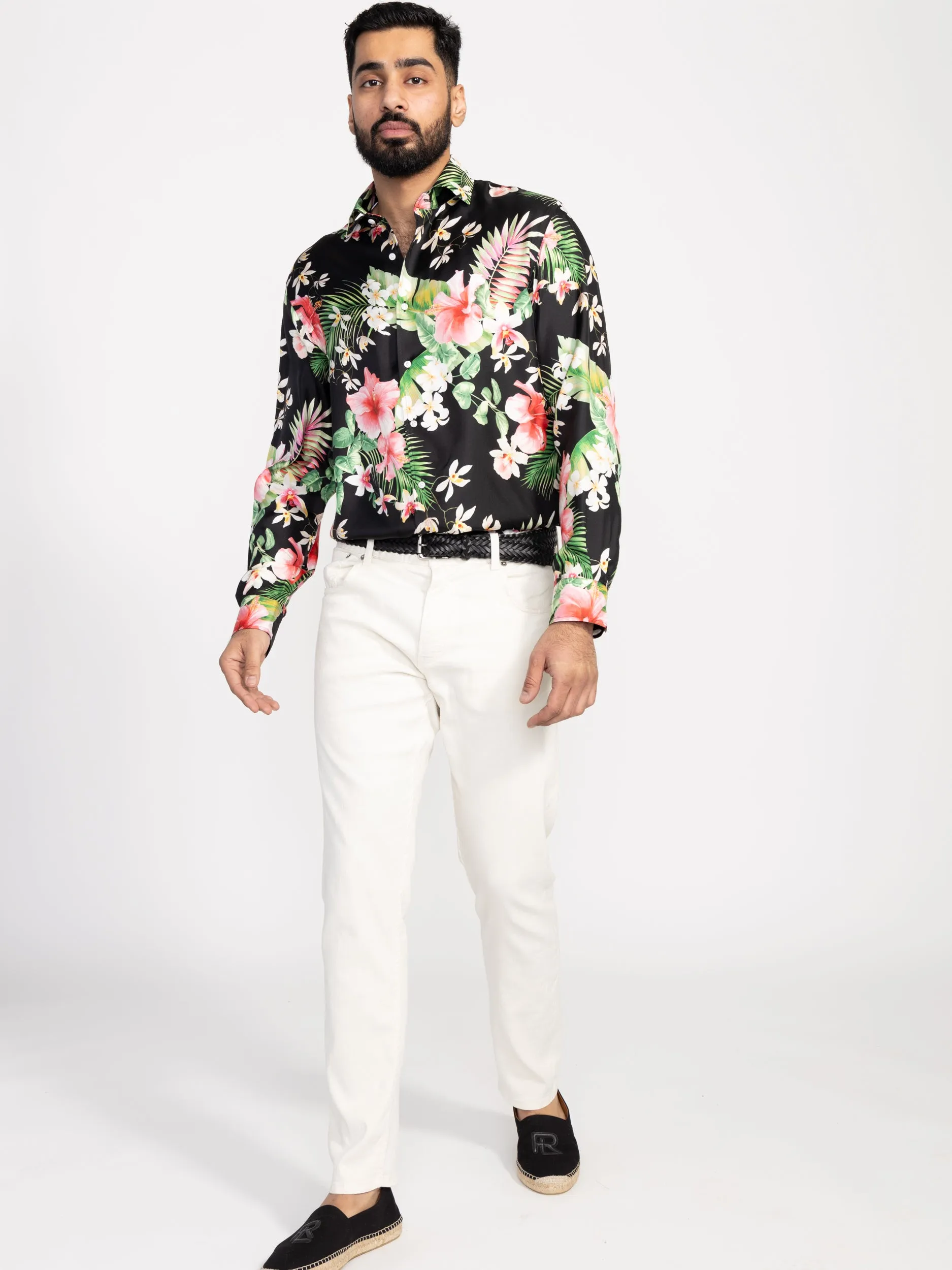 Black Botanical Print Silk Twill Shirt