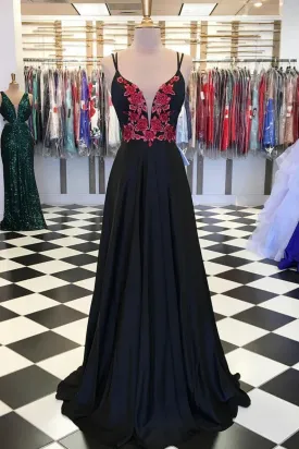 Black lace applique satin long prom dress, black evening dress