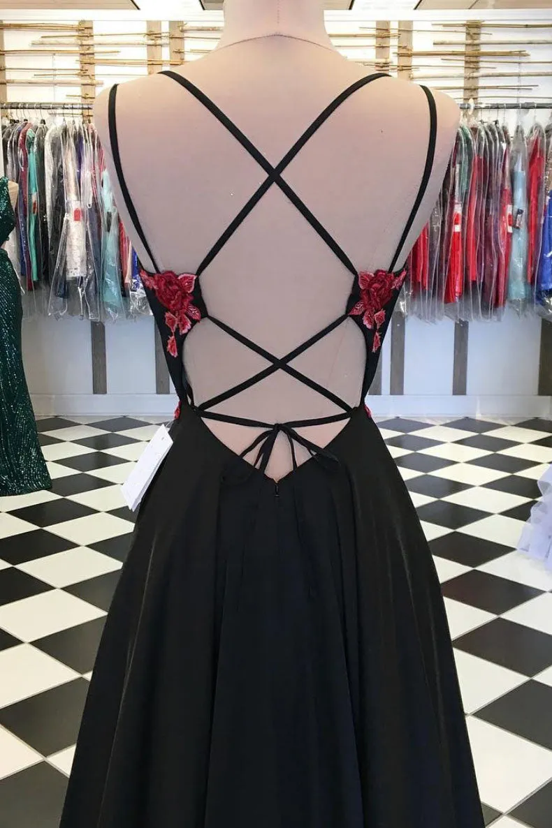 Black lace applique satin long prom dress, black evening dress