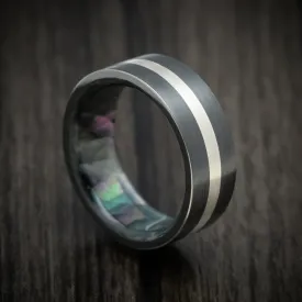 Black Titanium Men's Ring with Silver Inlay and Black Mother of Pearl Sleeve Custom Made Band