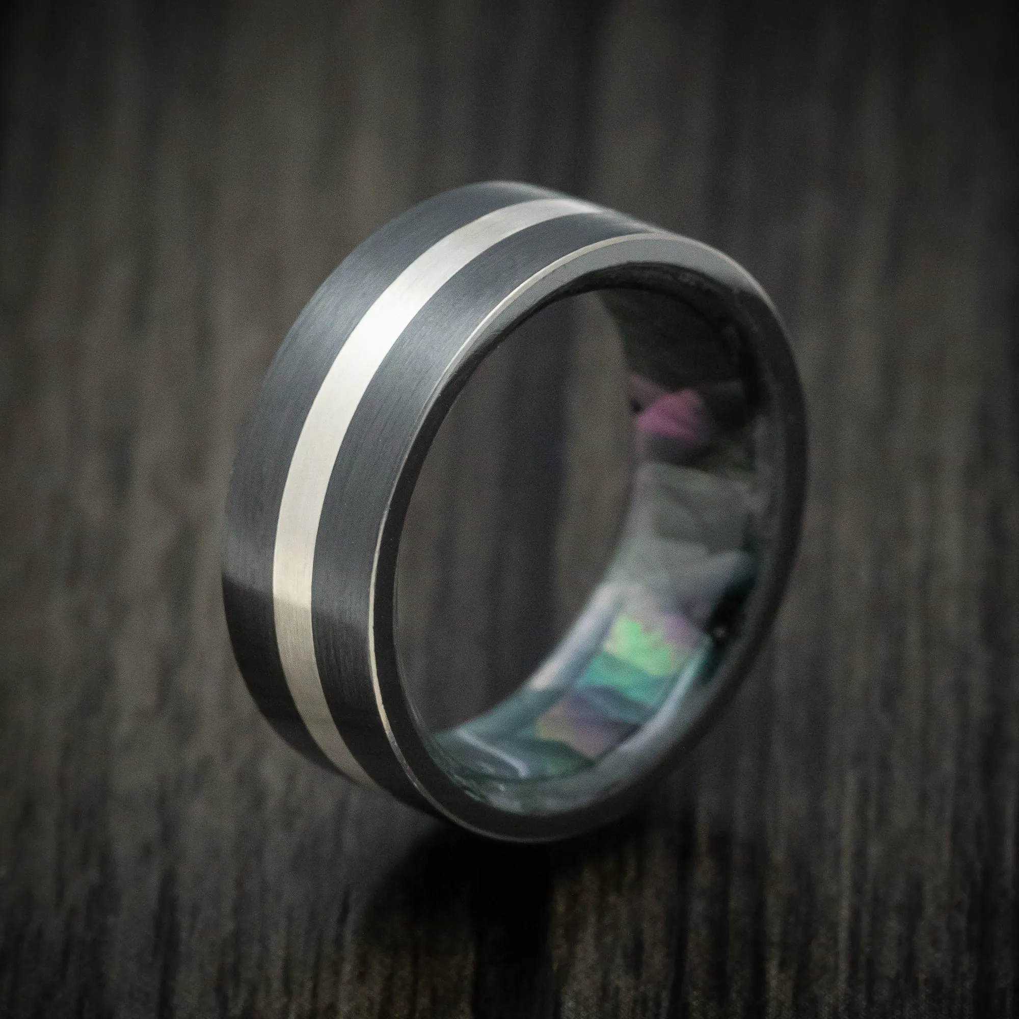 Black Titanium Men's Ring with Silver Inlay and Black Mother of Pearl Sleeve Custom Made Band