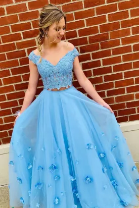 Blue tulle lace off shoulder long prom dress, tulle formal dress