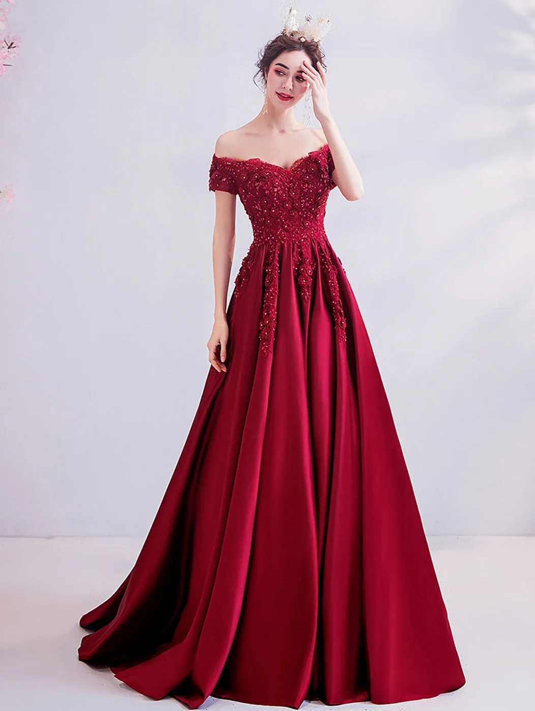 Burgundy A-Line Satin Lace Long Prom Dresses, Burgundy Formal Graduation Dress