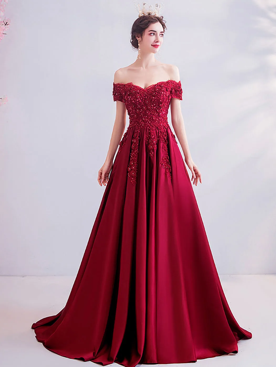 Burgundy A-Line Satin Lace Long Prom Dresses, Burgundy Formal Graduation Dress