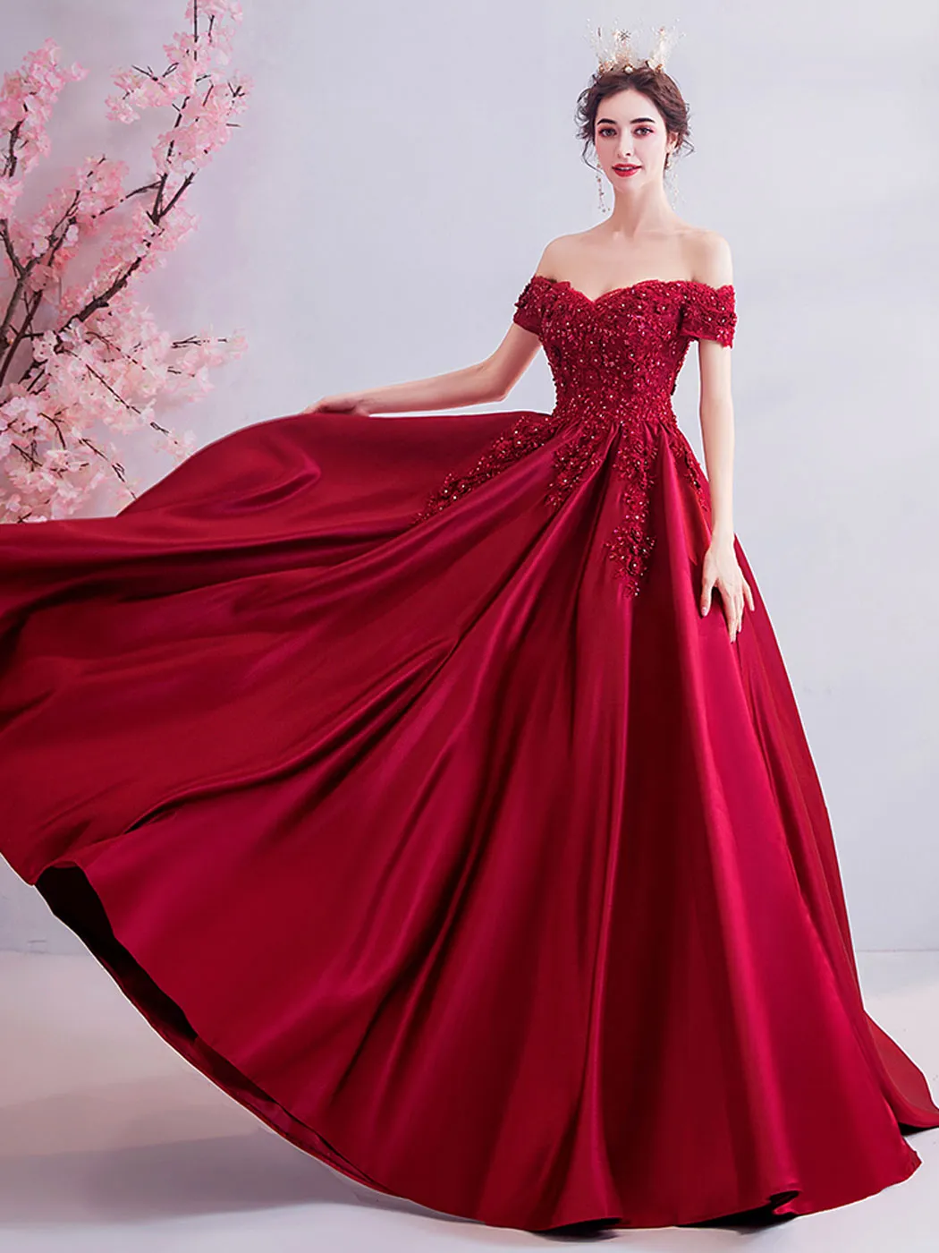 Burgundy A-Line Satin Lace Long Prom Dresses, Burgundy Formal Graduation Dress