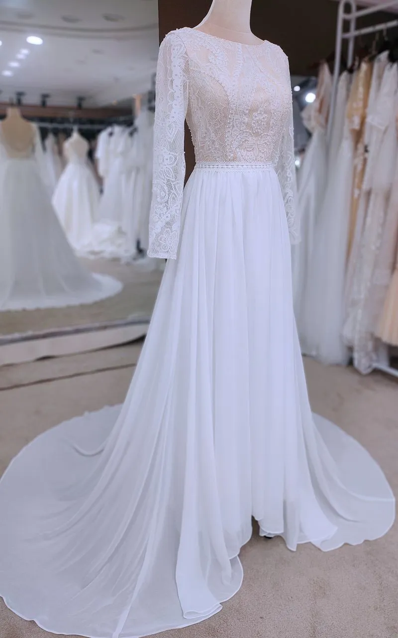 Chiffon A Line Ivory Wedding Dress Long Sleeve Backless Bridal Dress FR012