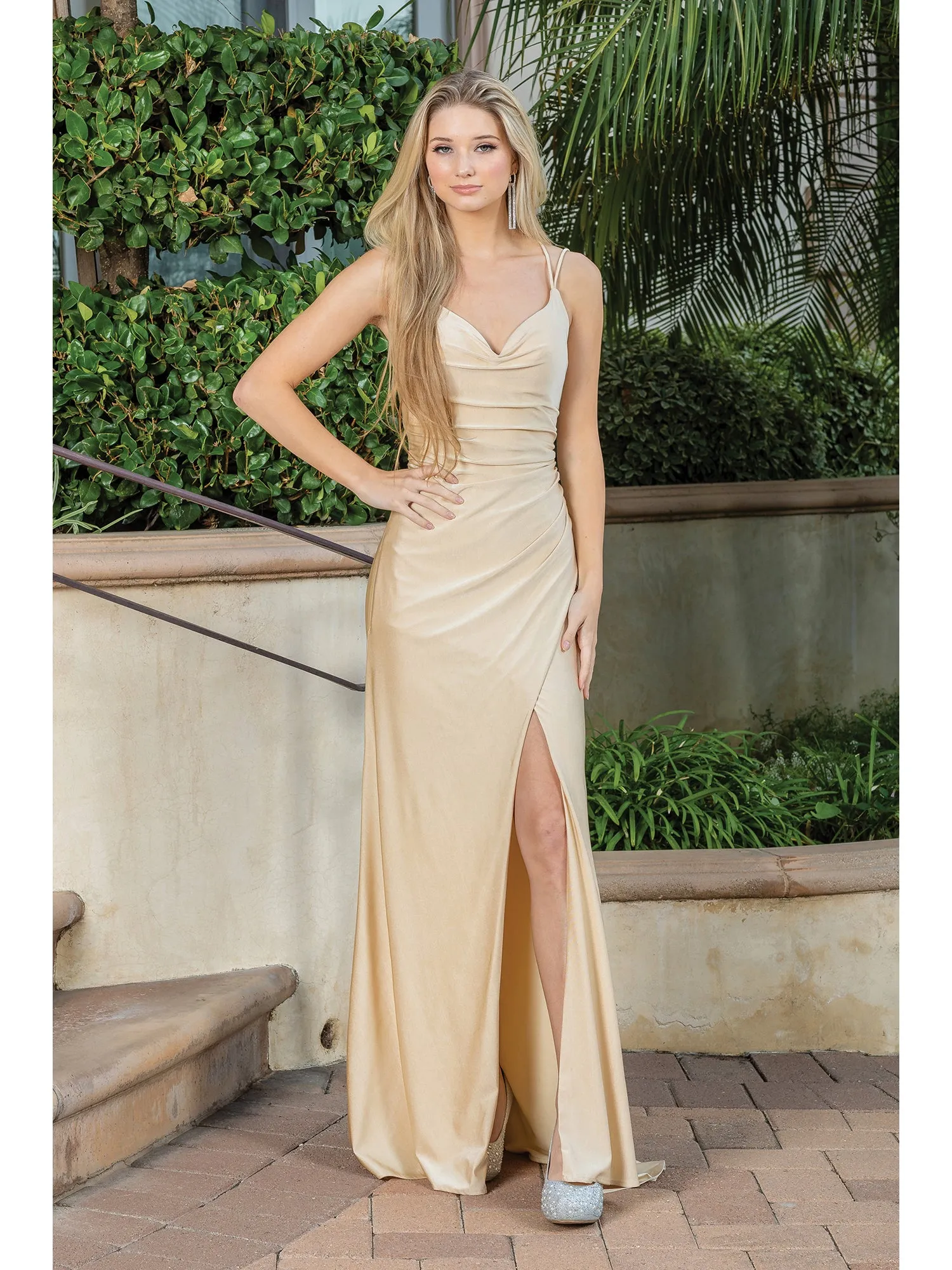 Cowl-Neck Long Wrap-Style Prom Dress