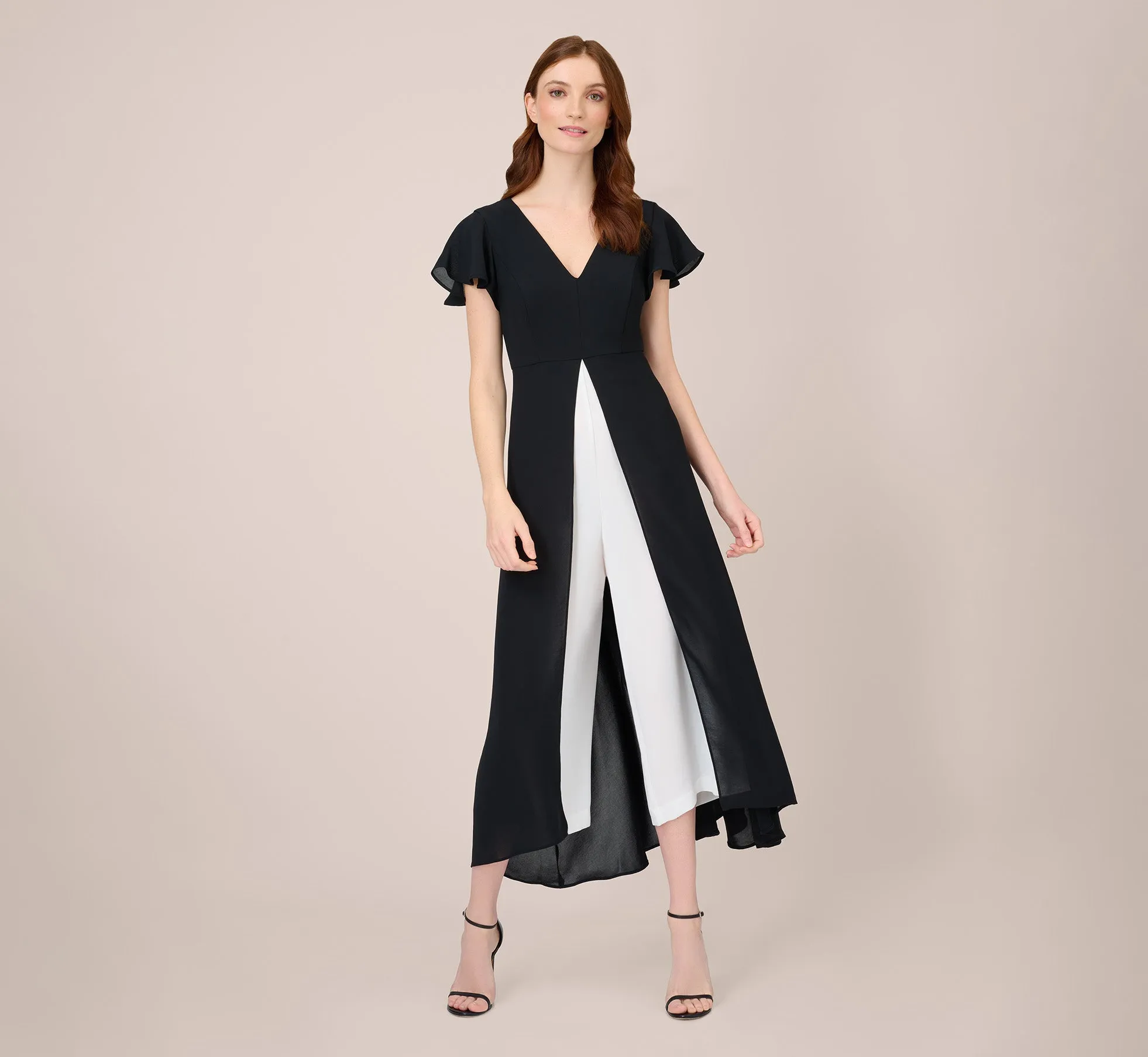 Crepe Cropped Jumpsuit With Gauze Overlay In Black Ivory