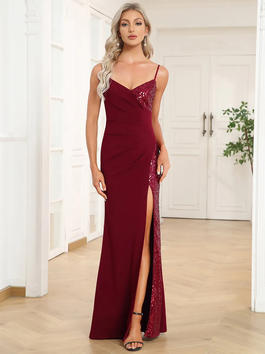 Deep V Neck Spaghetti Straps Split A Line Wholesale Evening Dresses