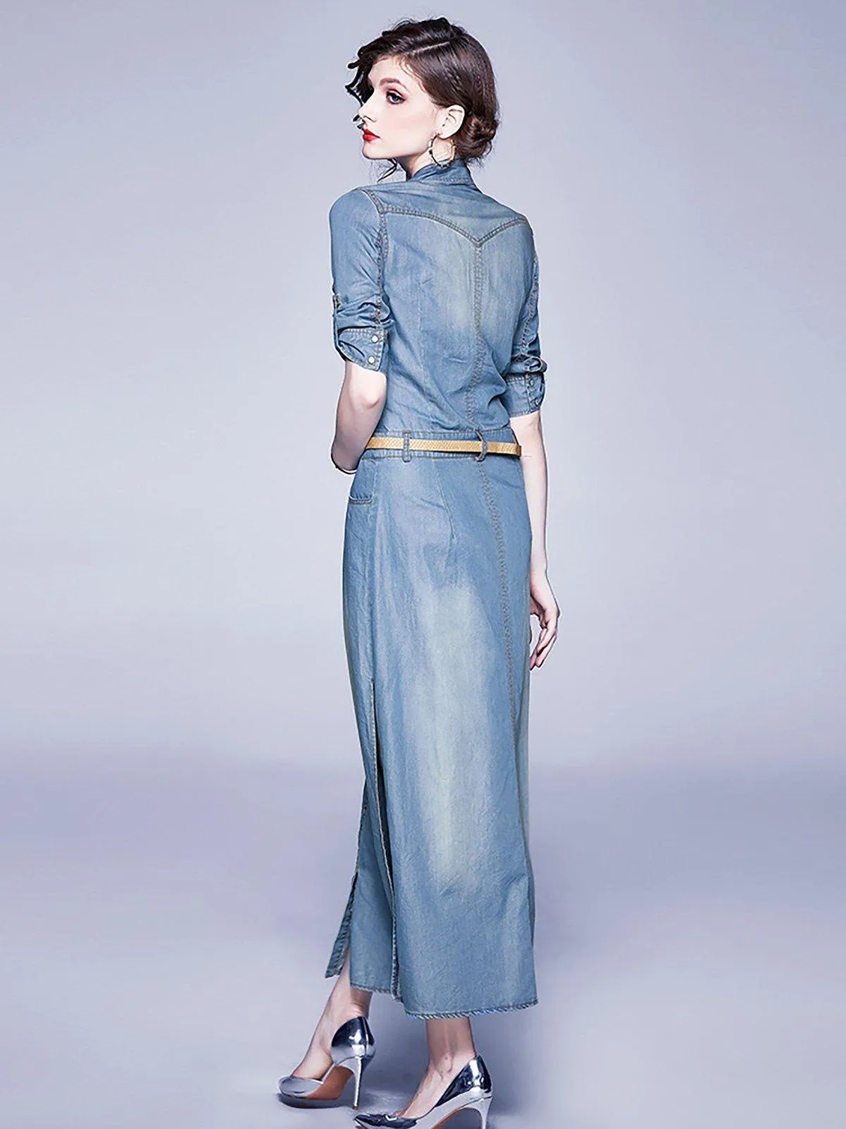 Denim Blue Belted Three-Quarter Sleeve Maxi Dress