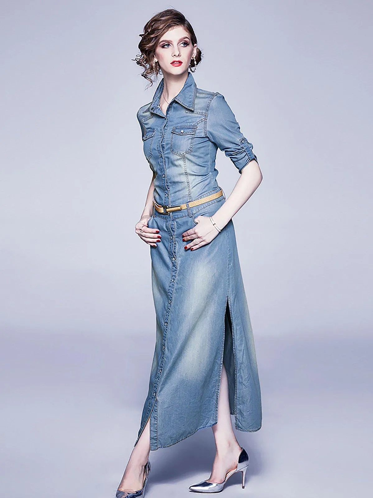 Denim Blue Belted Three-Quarter Sleeve Maxi Dress