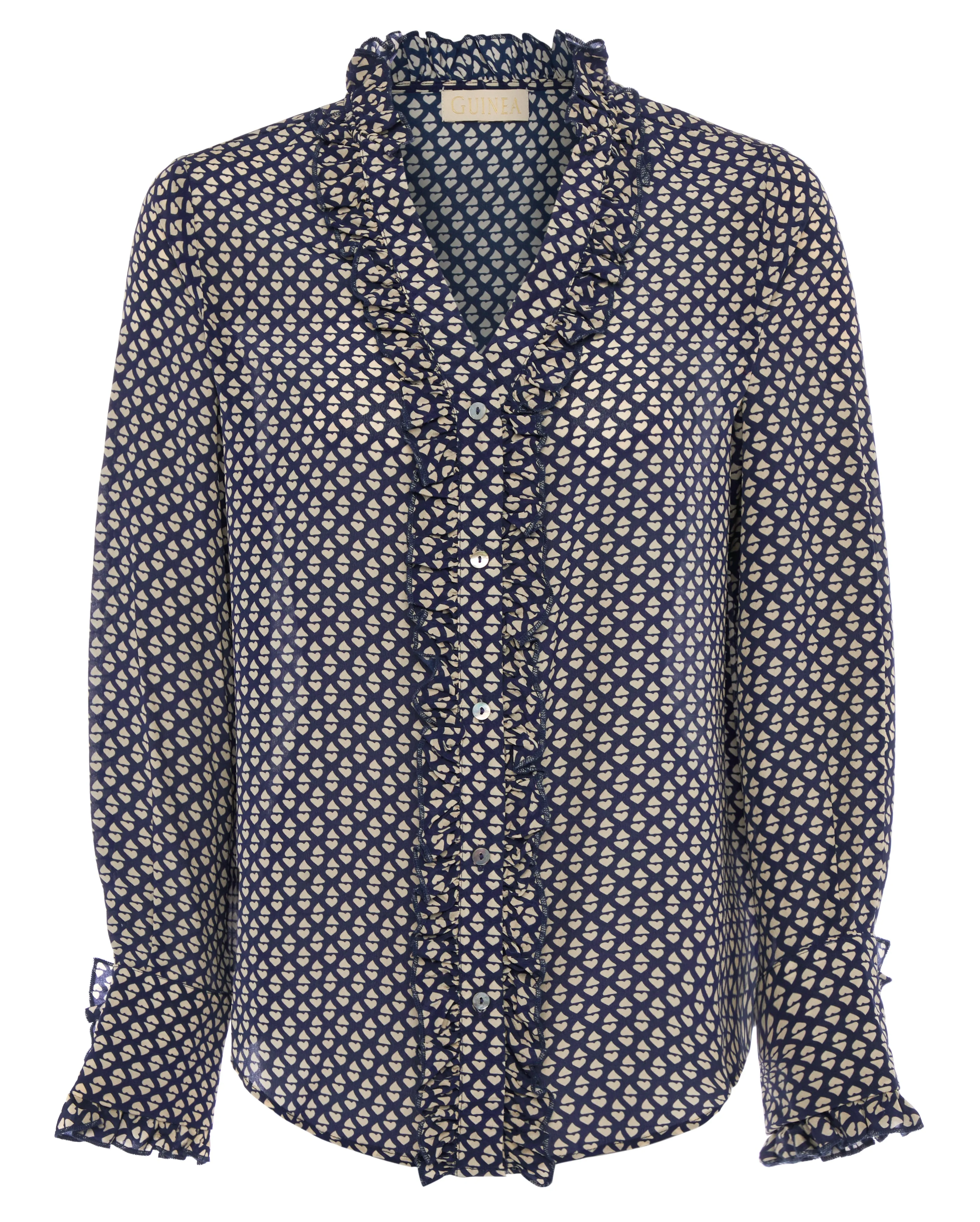 Emily Navy Print Shirt - Blue Vintage Print With White Hearts